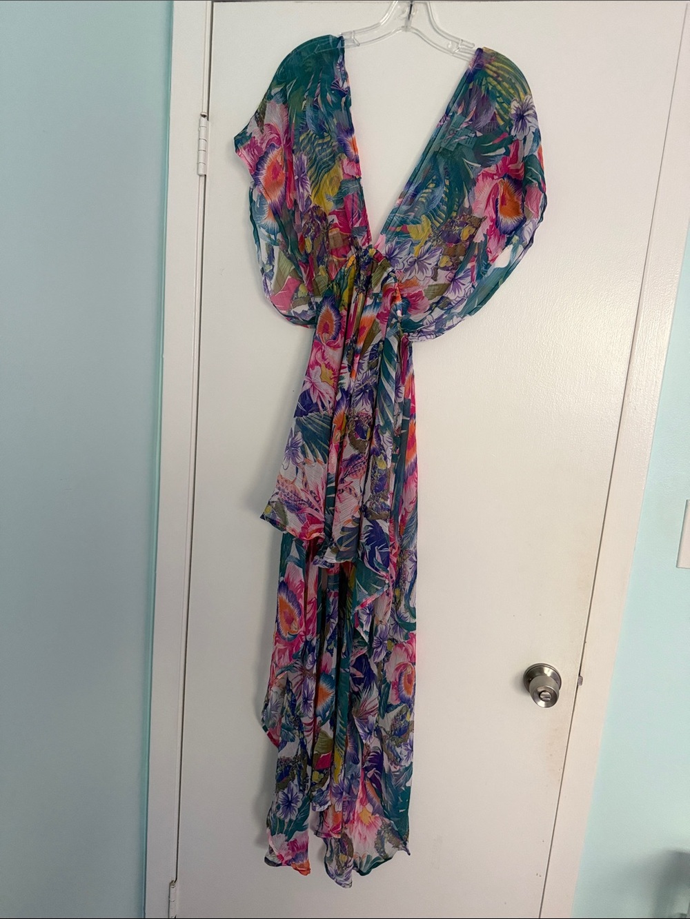 Floral Teal V-Neck Mini/Maxi Dress with Ruffle Hem/ swim coverup